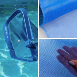 arte com 3 imagens mostrando a abertura e o uso da Tela rede peneira de limpeza de piscina
